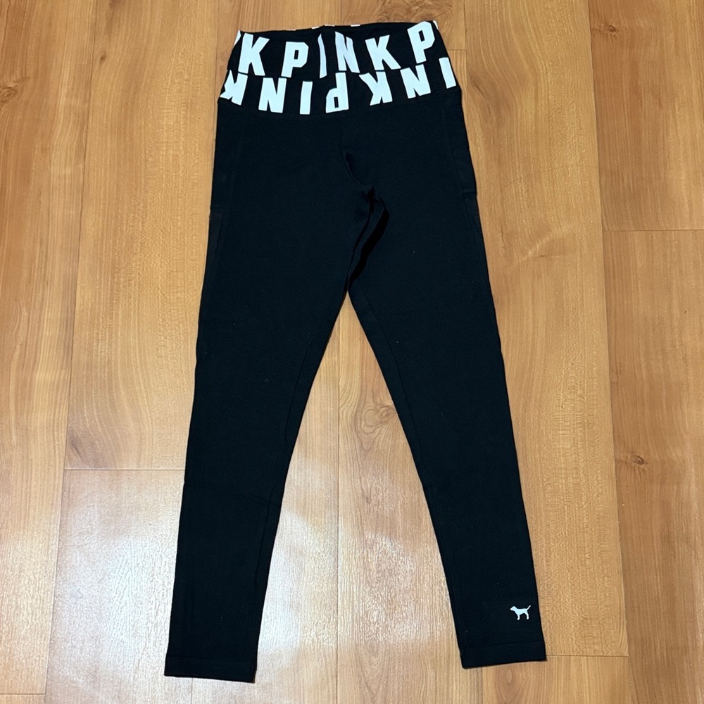 PINK Victoria's Secret Black Leggings with White Logo